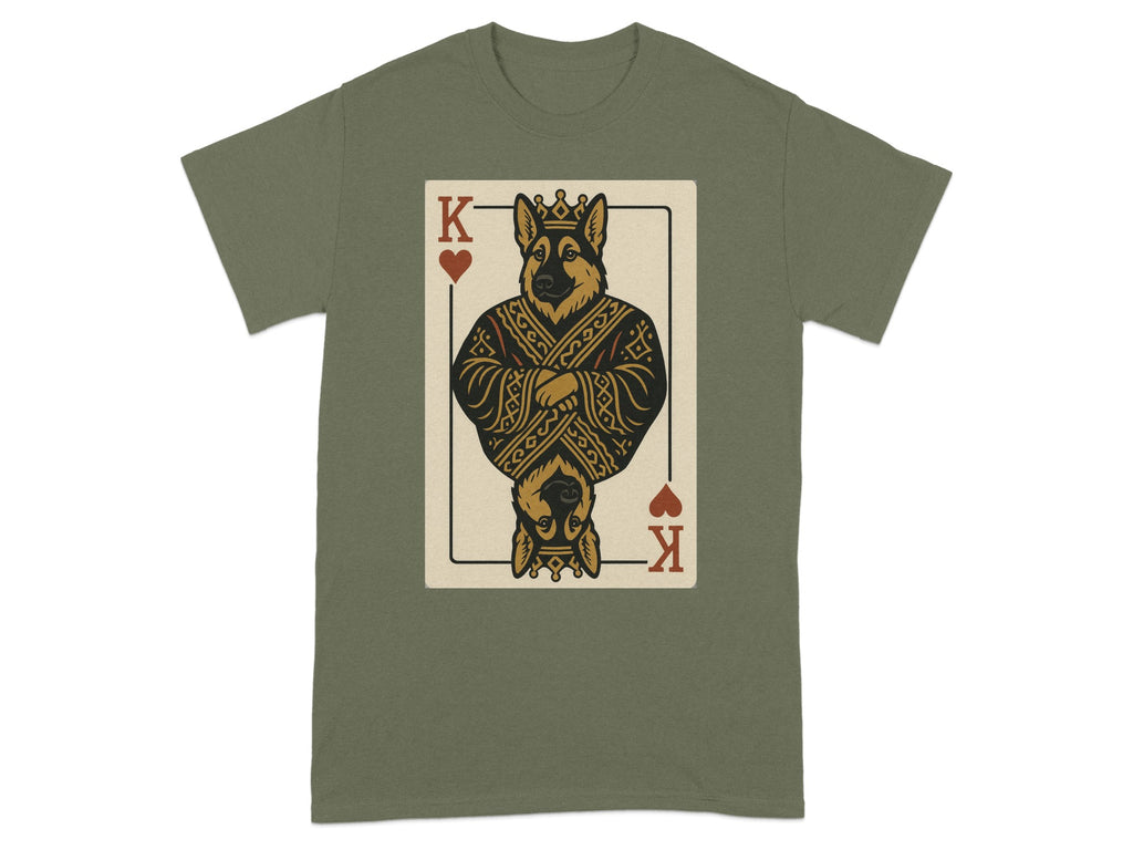 German Shepherd King playing card graphic on an olive green t-shirt.