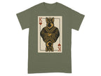 German Shepherd King playing card graphic on an olive green t-shirt.