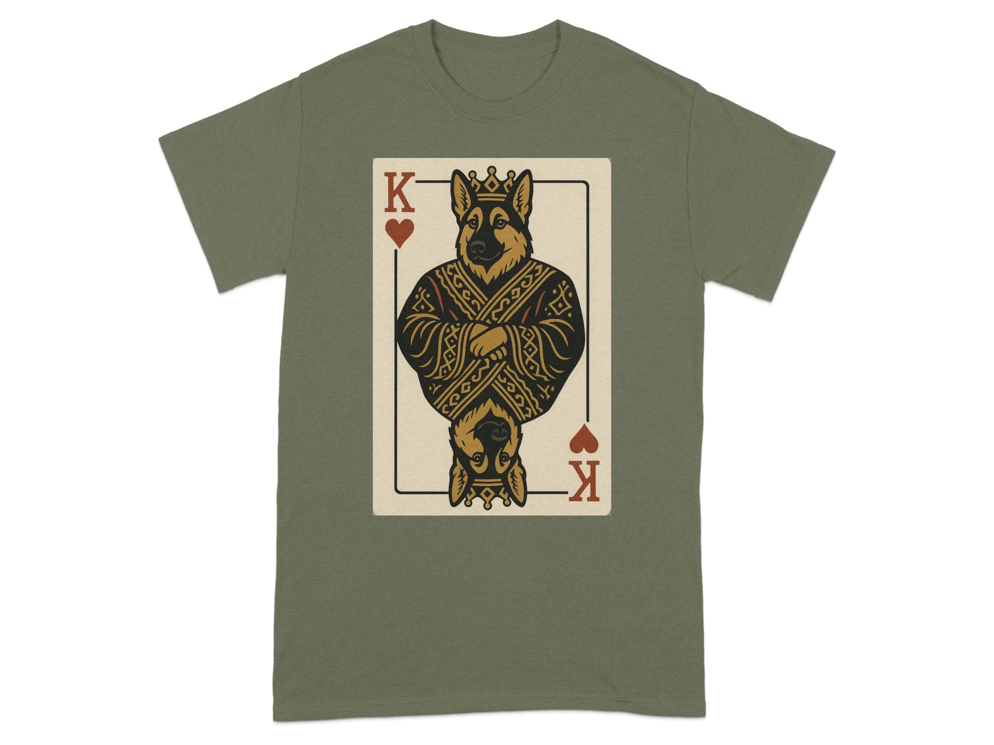 German Shepherd King playing card graphic on an olive green t-shirt.