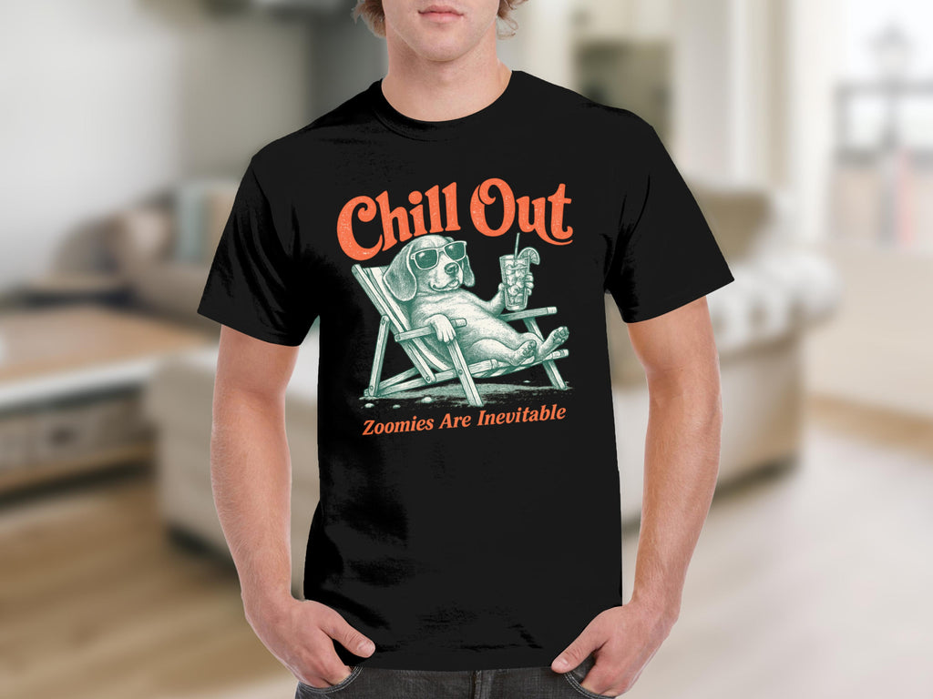 Black t-shirt with a cartoon dog wearing sunglasses relaxing in a lounge chair.