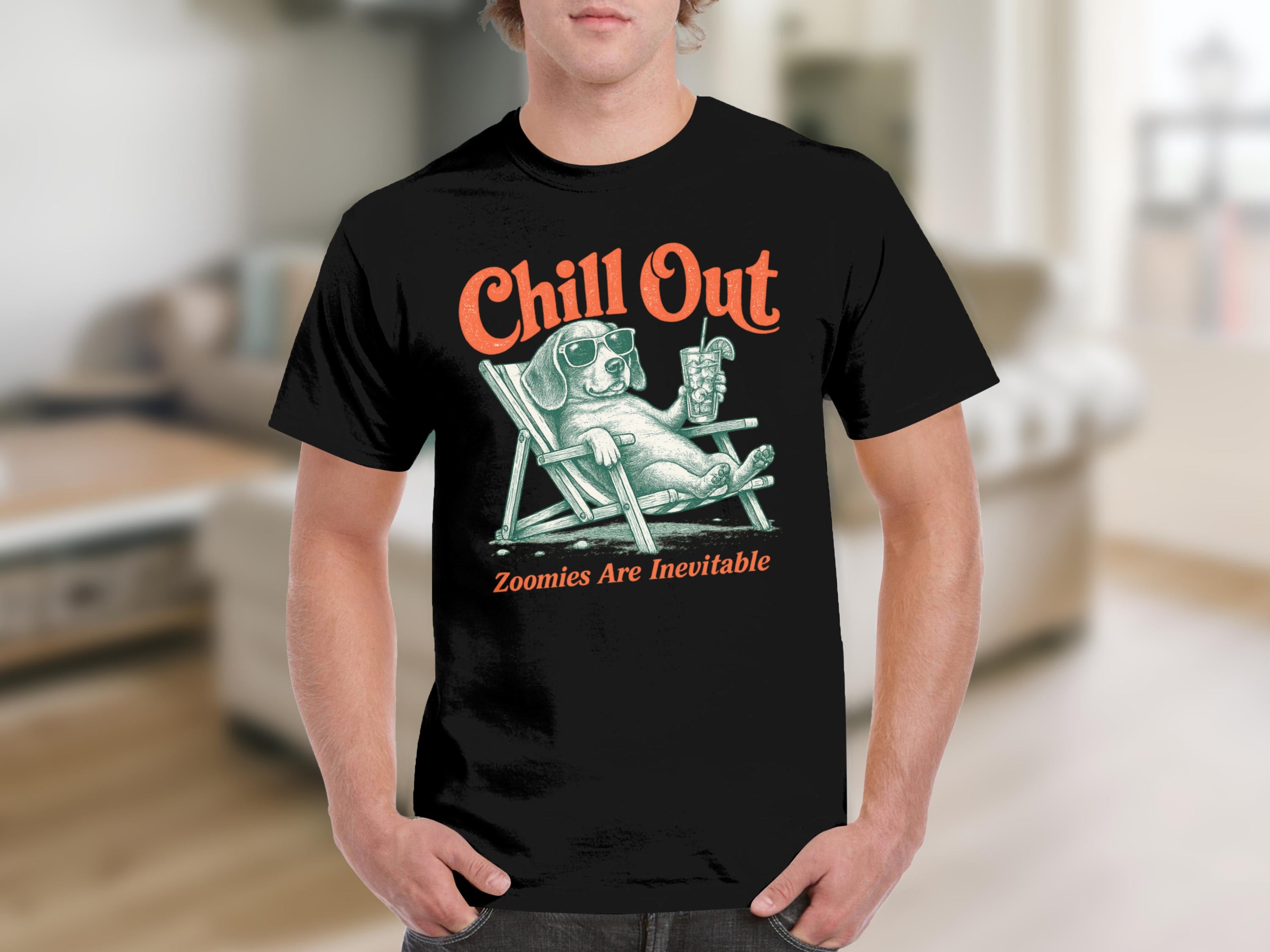 Black t-shirt with a cartoon dog wearing sunglasses relaxing in a lounge chair.