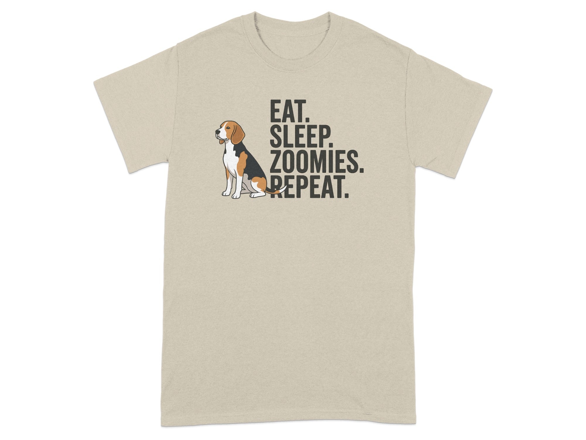 Beagle wearing bandana sits next to text: Eat. Sleep. Zoomies. Repeat.