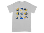 Cute corgis riding bicycles in various poses and situations on a grey t-shirt.