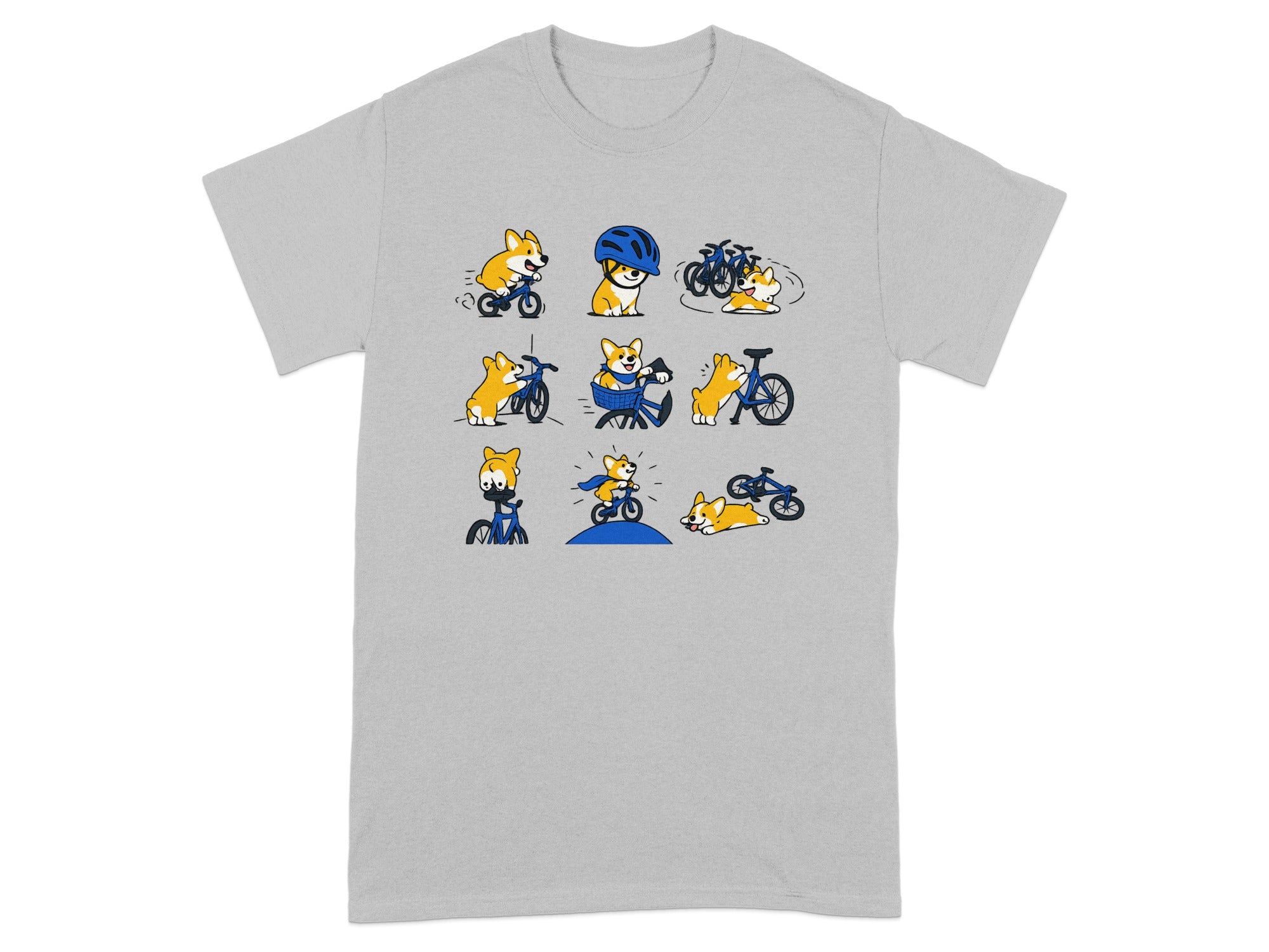 Cute corgis riding bicycles in various poses and situations on a grey t-shirt.