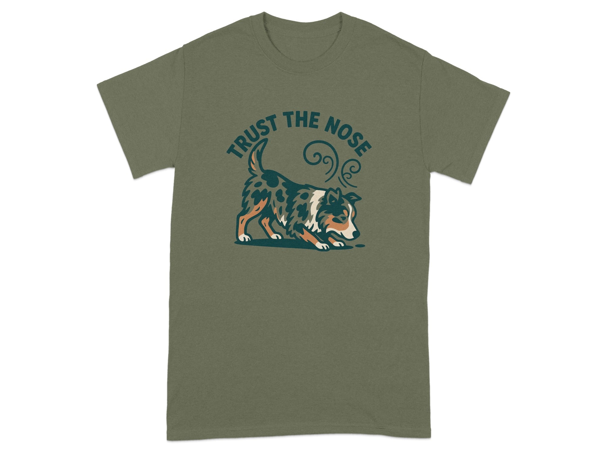 Green t-shirt with "TRUST THE NOSE" text and a dog sniffing the ground.