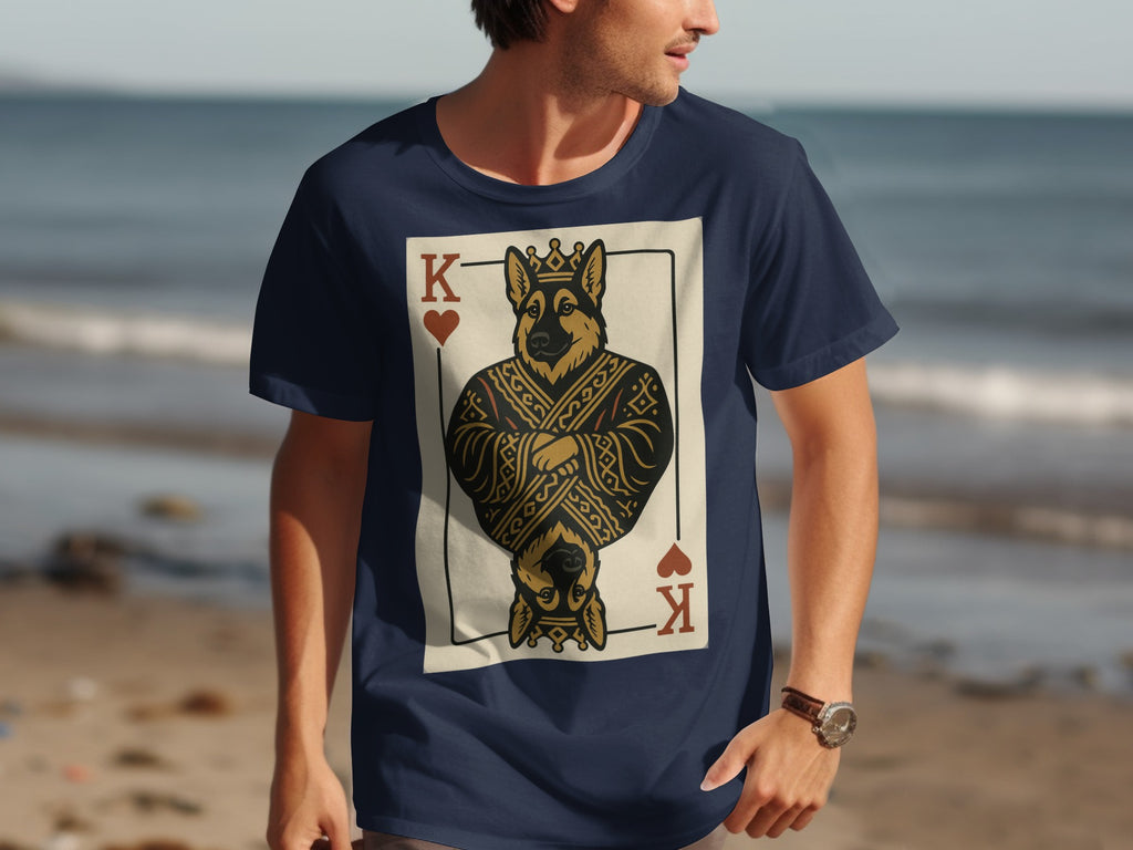 German Shepherd King of Hearts playing card graphic t-shirt.