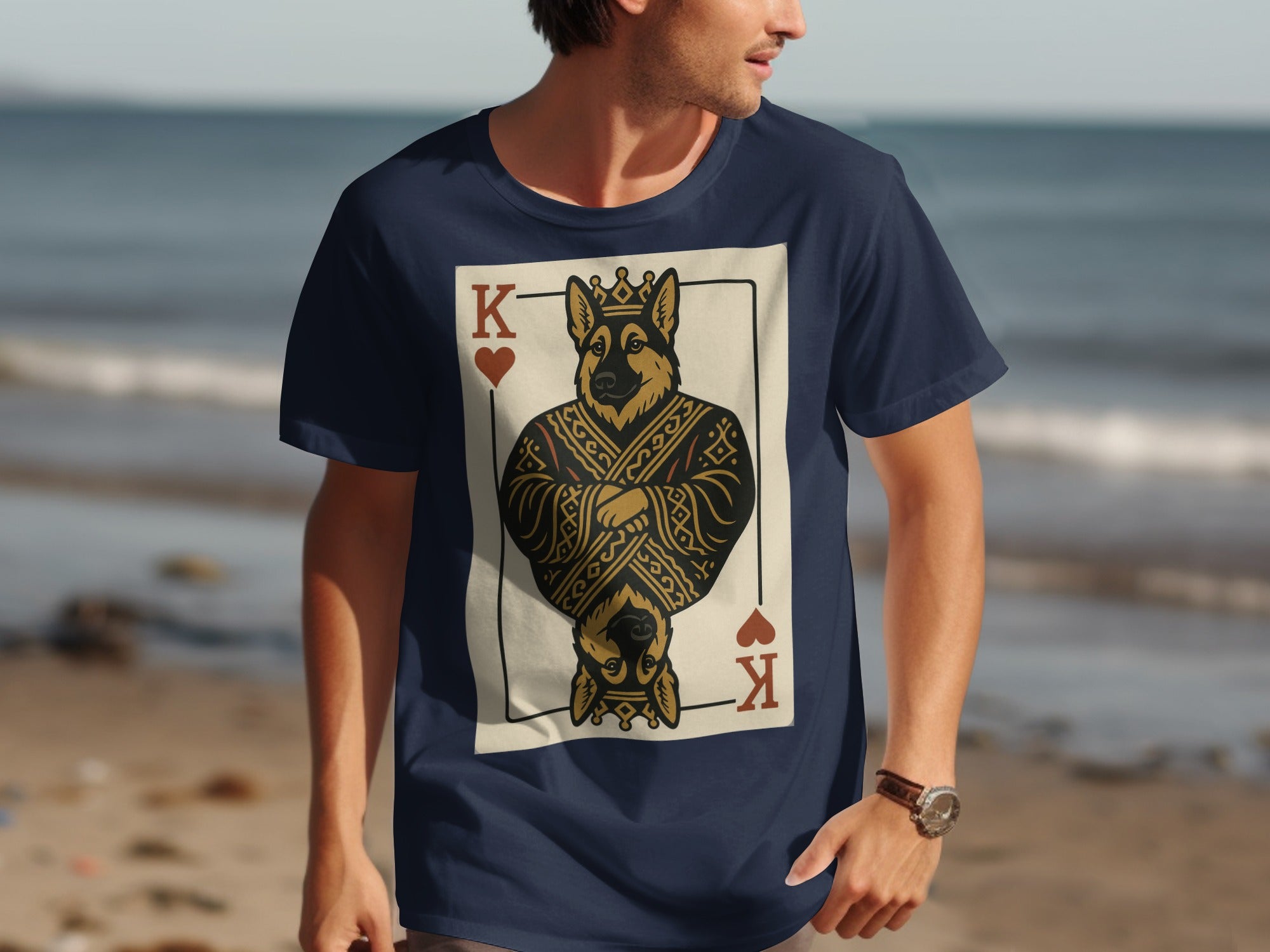 German Shepherd King of Hearts playing card graphic t-shirt.