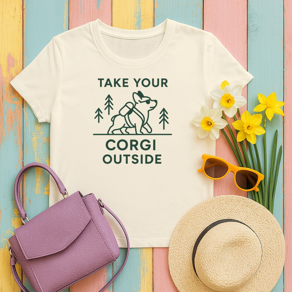 Take Your Corgi Outside Hiking Adventure Dog T-Shirt in Natural