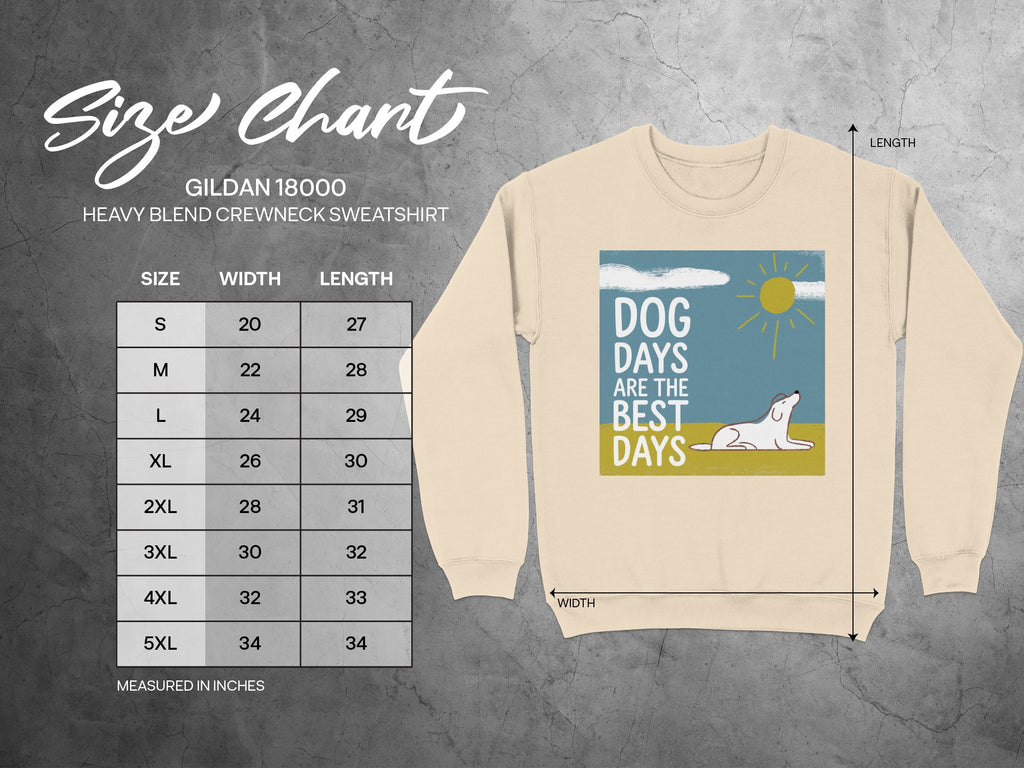 Size chart for Gildan 18000 sweatshirt with dog graphic.