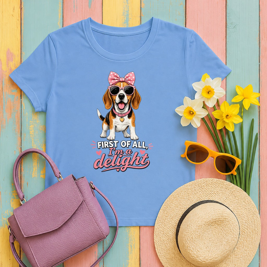 Pink Bow Beagle 'I'm A Delight' T-Shirt in Carolina Blue