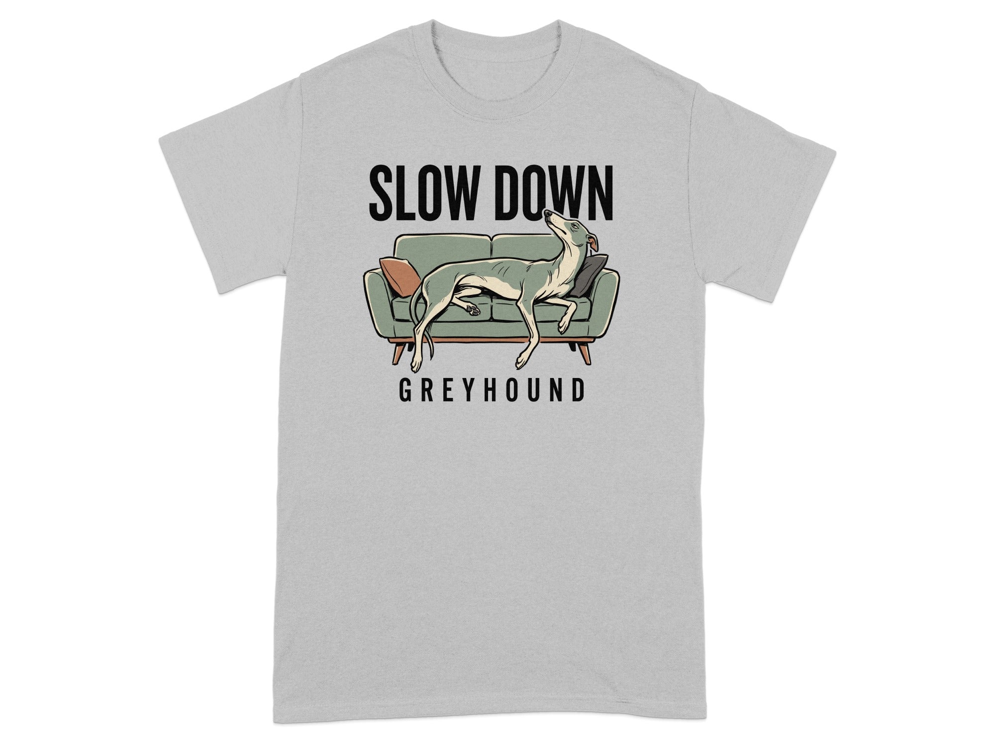 Greyhound resting on a sofa with "SLOW DOWN" text.