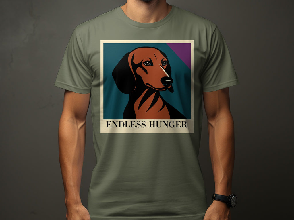 Dachshund illustration with the text "ENDLESS HUNGER" on a green t-shirt.