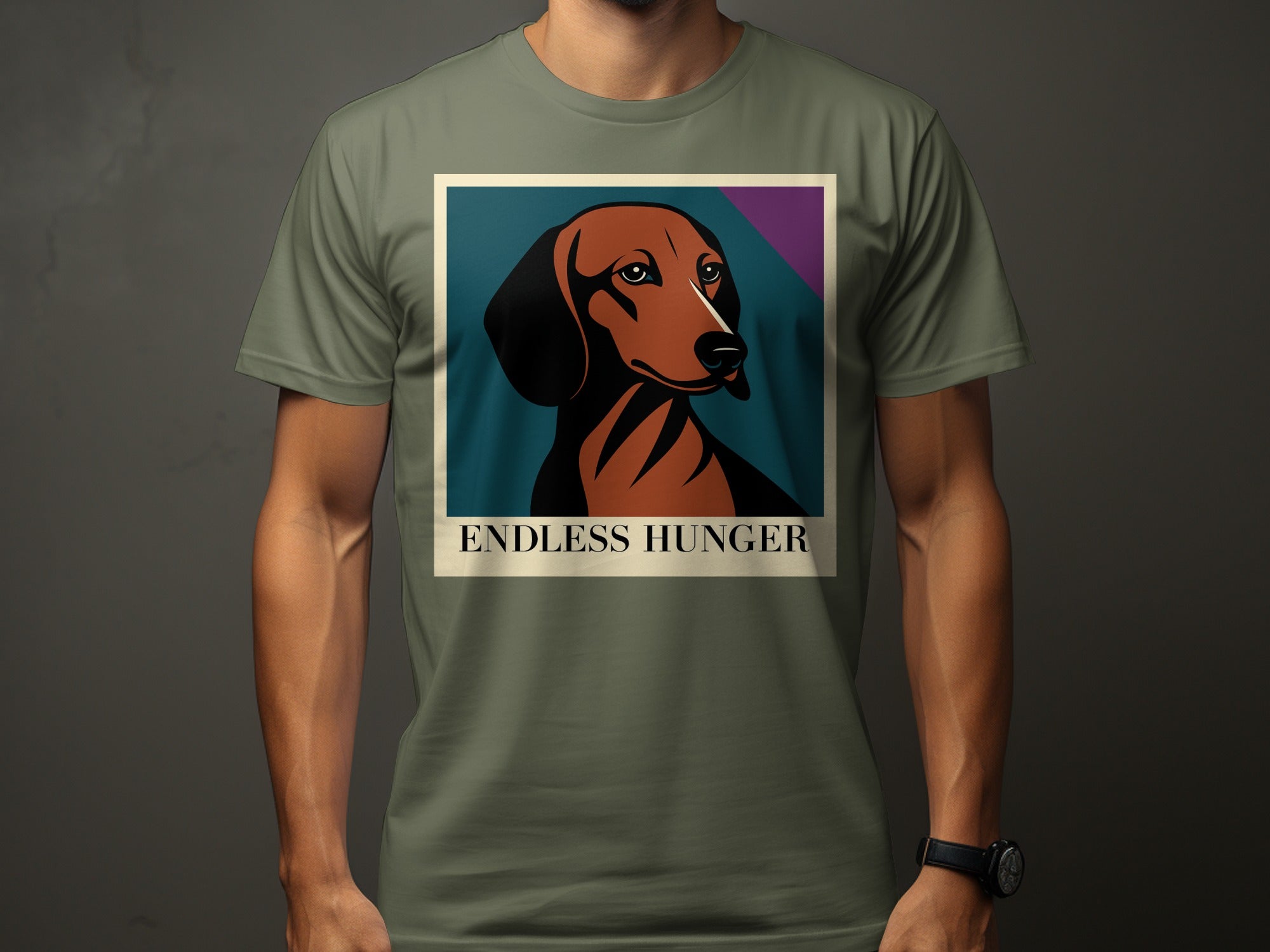 Dachshund illustration with the text "ENDLESS HUNGER" on a green t-shirt.