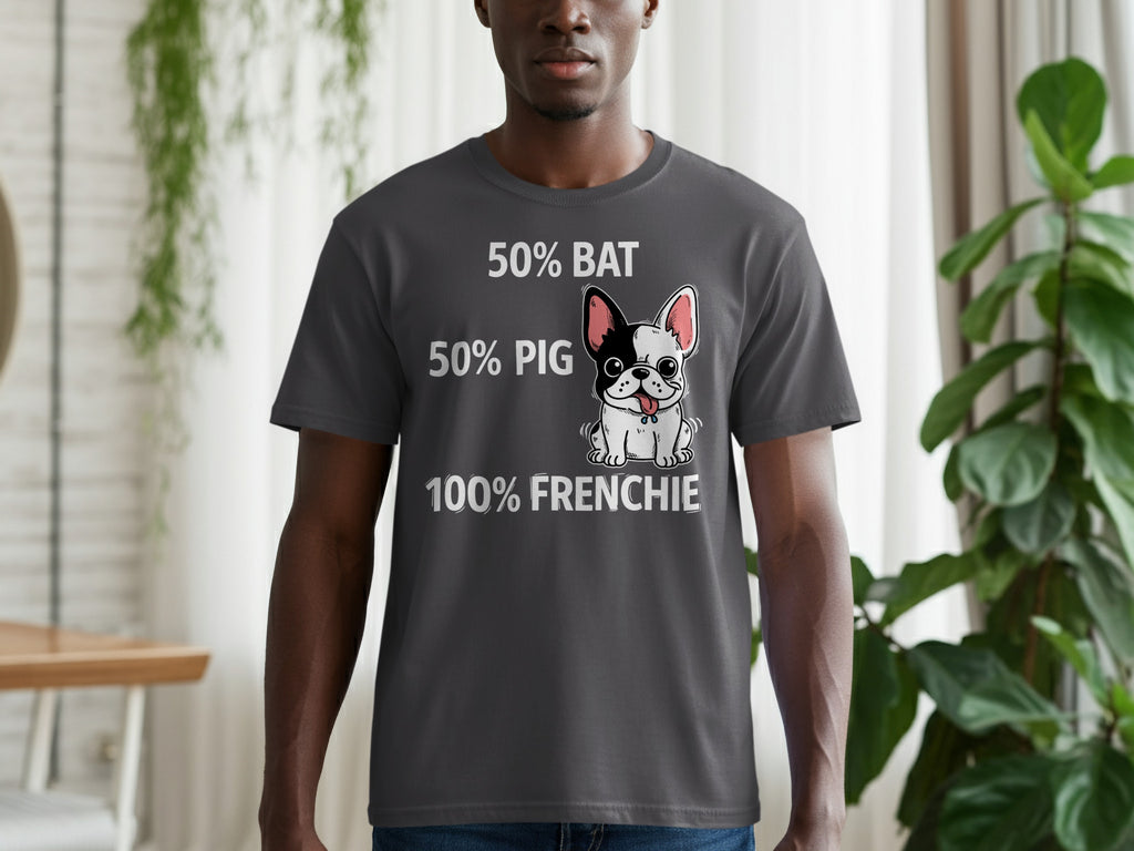 Dark gray t-shirt with "50% BAT 50% PIG 100% FRENCHIE" text and cartoon.