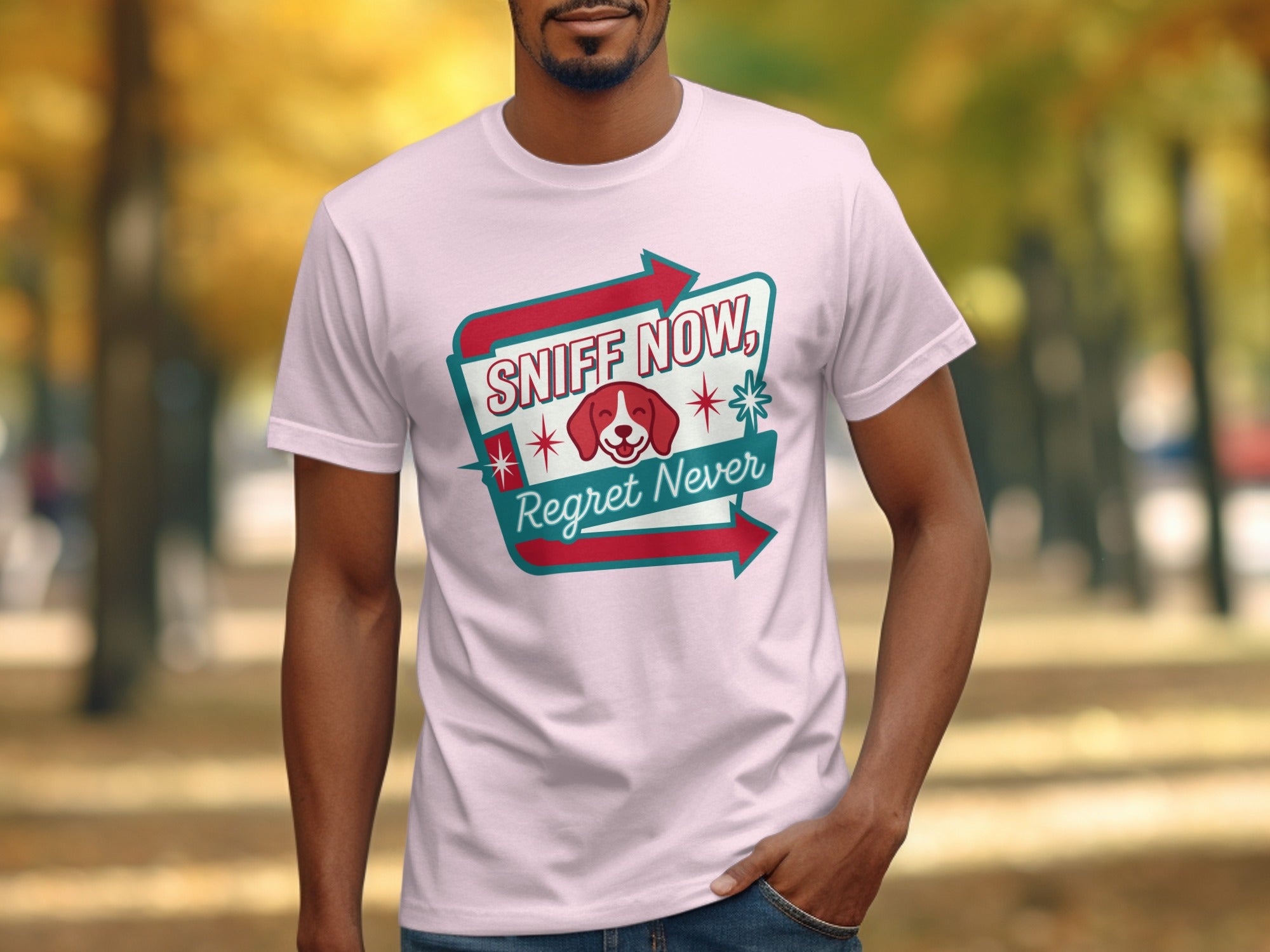 Light pink t-shirt with "SNIFF NOW, REGRET NEVER" text and dog graphic.