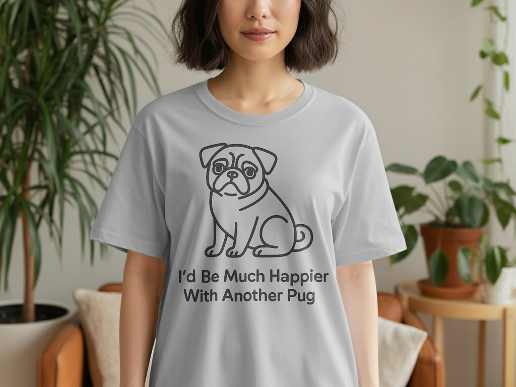 Grey t-shirt with a black outline of a pug and text "I'd Be Much Happier With Another Pug".