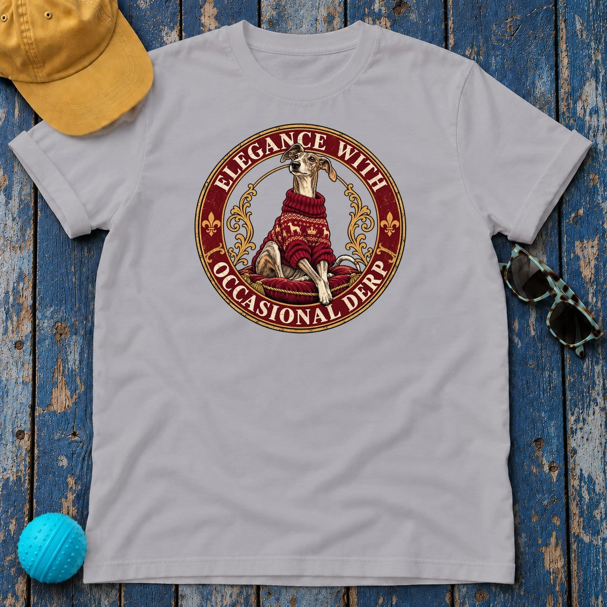 Elegance With Occasional Derp Greyhound T-Shirt in Athletic Heather - flat lay