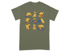 Cartoon golden retrievers interacting with fabric, thread, patterns, and a sewing machine.