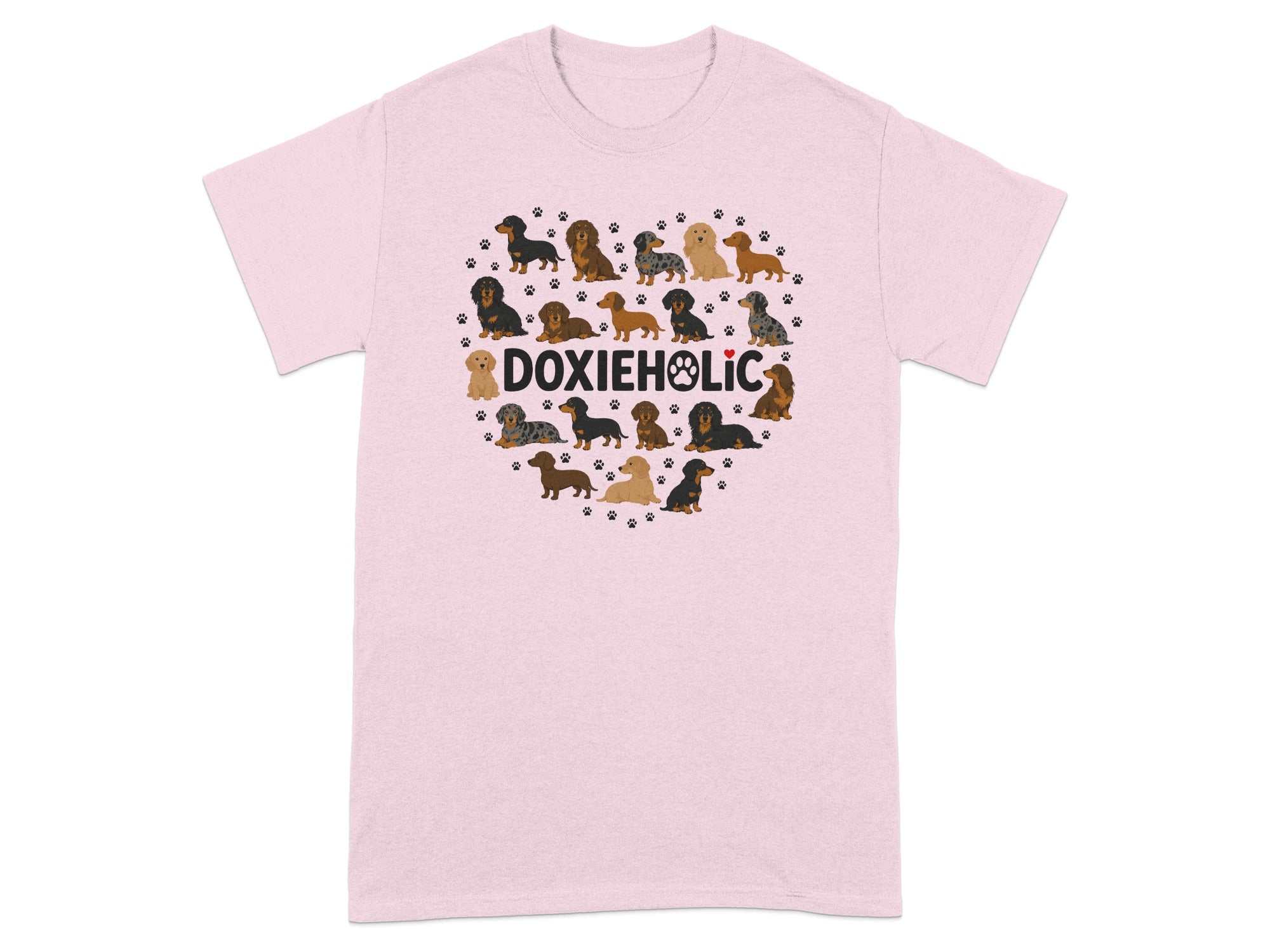 Pink t-shirt with a heart-shaped pattern of dachshunds and paw prints.