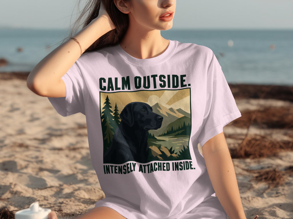 Black Labrador on a t-shirt with "Calm Outside. Intensely Attached Inside." text.