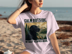Black Labrador on a t-shirt with "Calm Outside. Intensely Attached Inside." text.