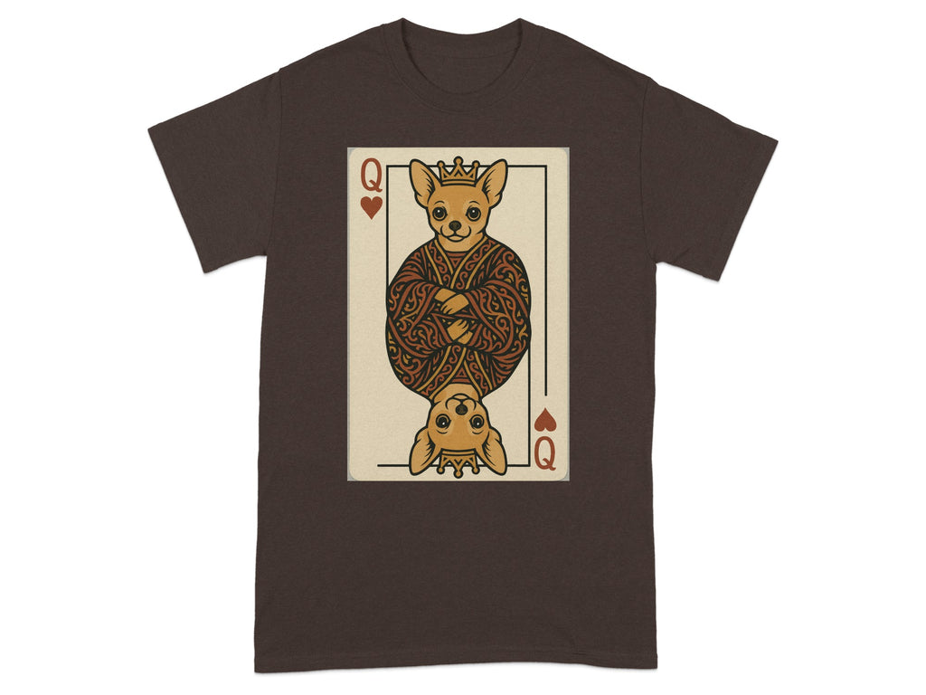 Brown t-shirt with a Queen of Hearts playing card featuring a crowned chihuahua.