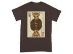 Brown t-shirt with a Queen of Hearts playing card featuring a crowned chihuahua.