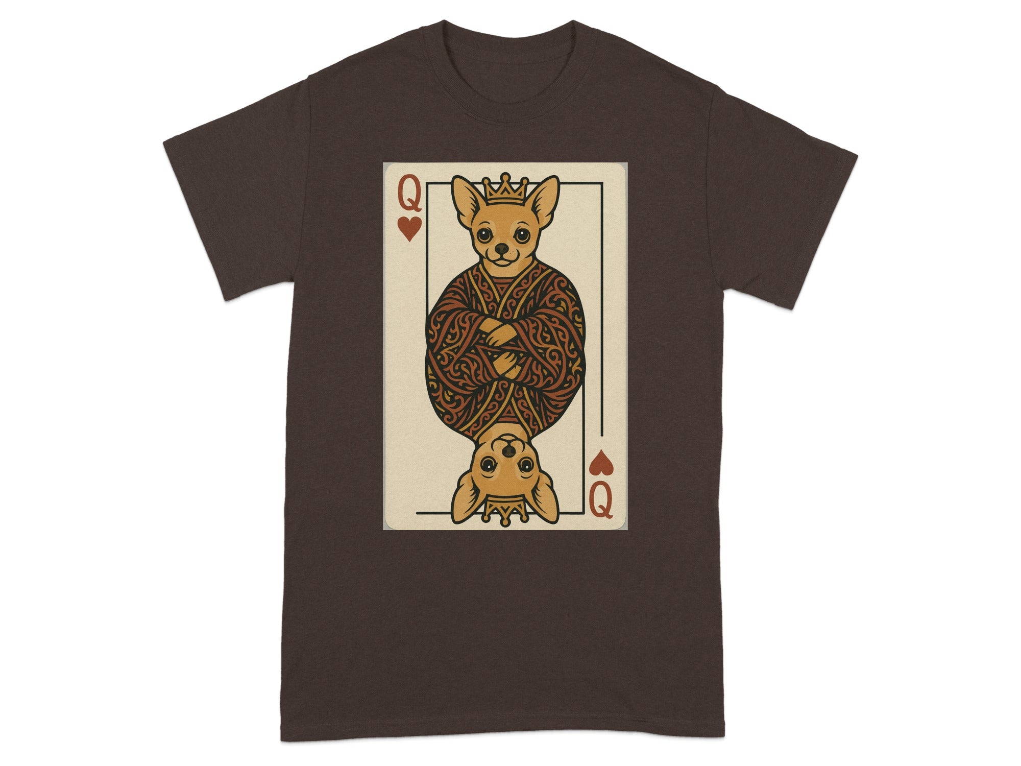 Brown t-shirt with a Queen of Hearts playing card featuring a crowned chihuahua.