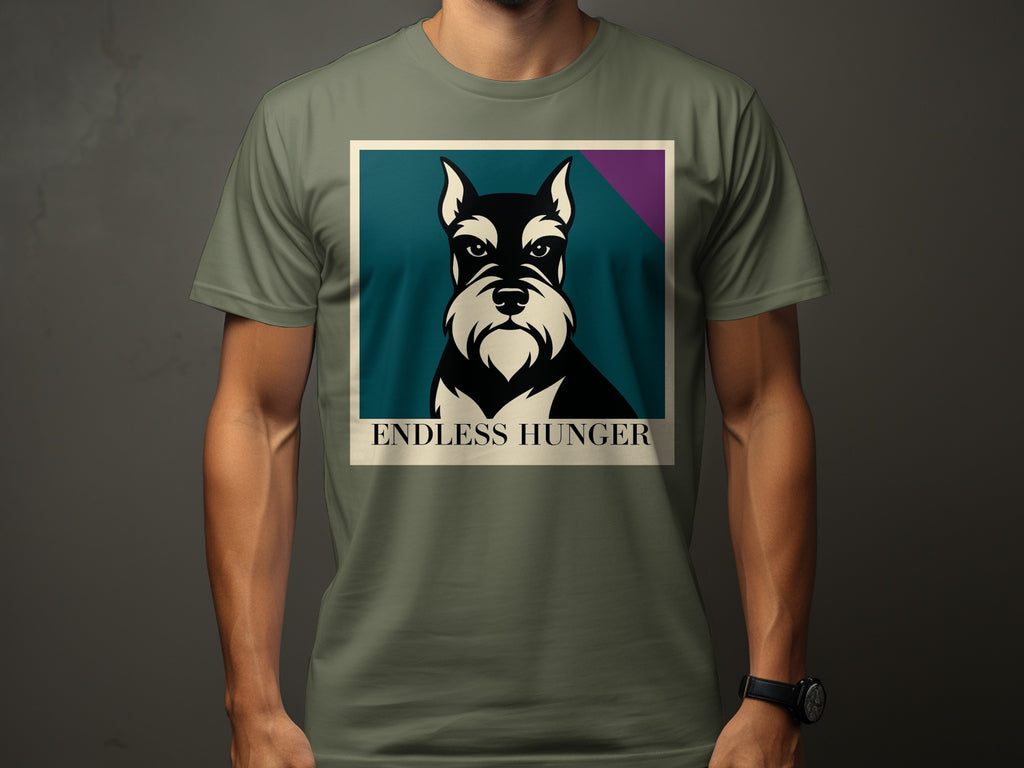 Schnauzer illustration with "ENDLESS HUNGER" text on a khaki t-shirt.