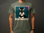 Schnauzer illustration with "ENDLESS HUNGER" text on a khaki t-shirt.