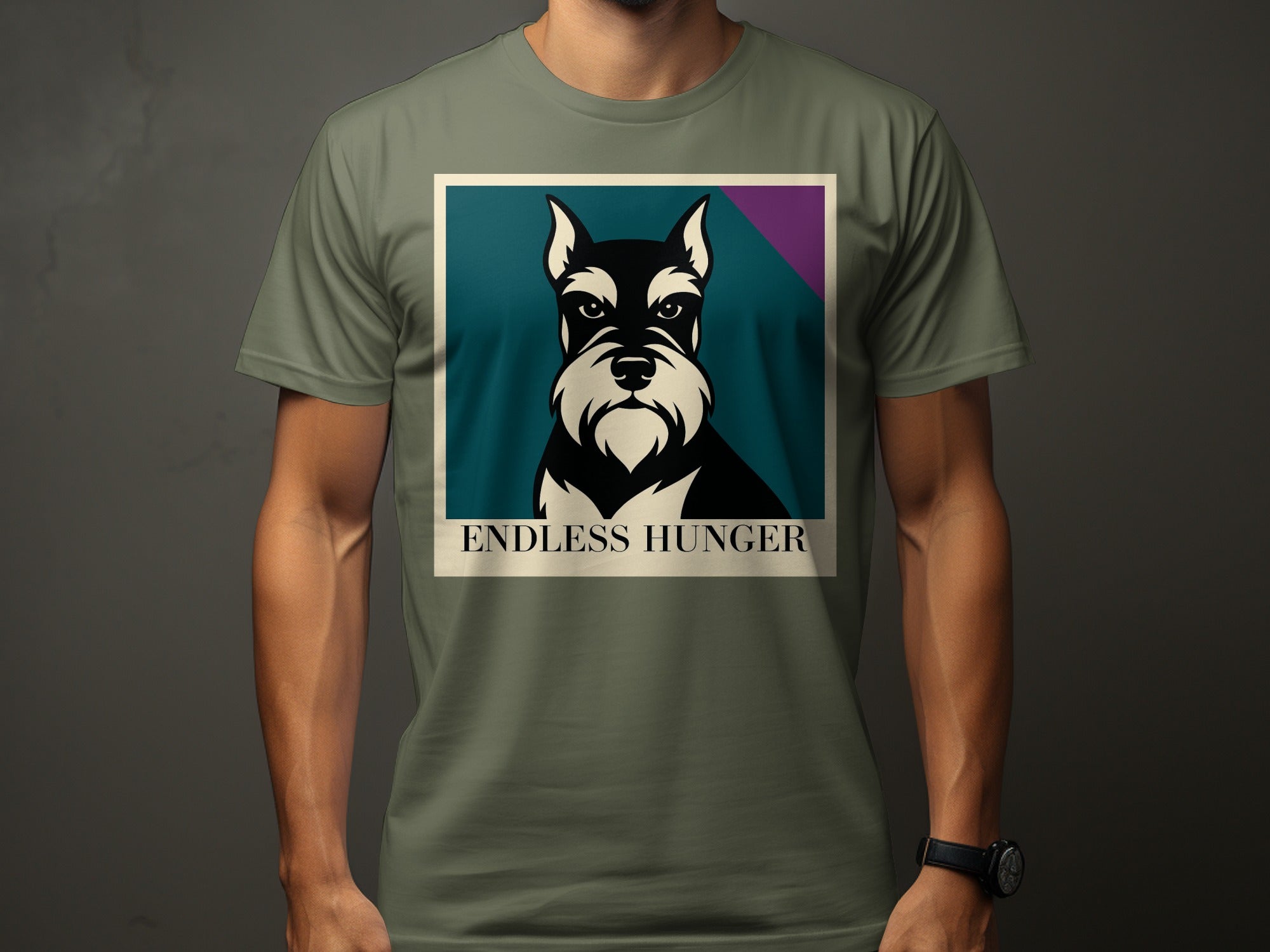 Schnauzer illustration with "ENDLESS HUNGER" text on a khaki t-shirt.