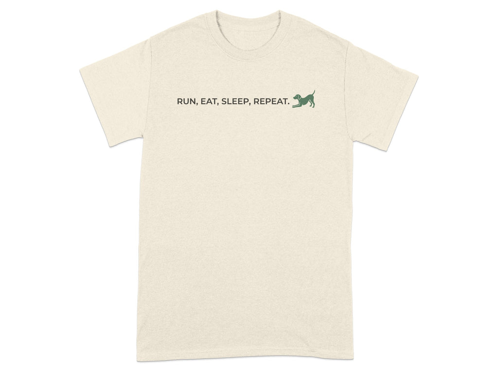Cream t-shirt with "RUN, EAT, SLEEP, REPEAT" text and a small green dog.