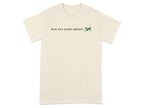 Cream t-shirt with "RUN, EAT, SLEEP, REPEAT" text and a small green dog.