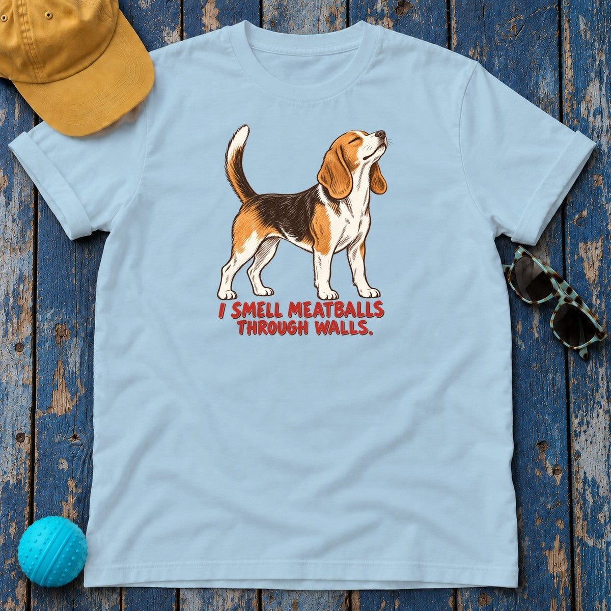 I Smell Meatballs Through Walls Beagle T-Shirt in Light Blue - flat lay