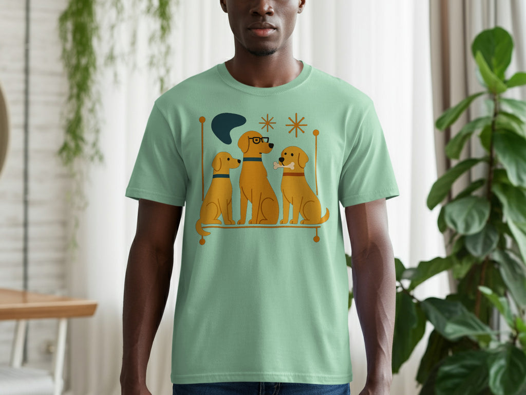 Light green t-shirt with a graphic of three golden dogs with decorative elements.
