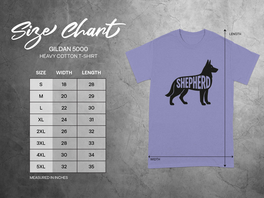 Gildan 5000 Heavy Cotton T-Shirt size chart with dimensions in inches.