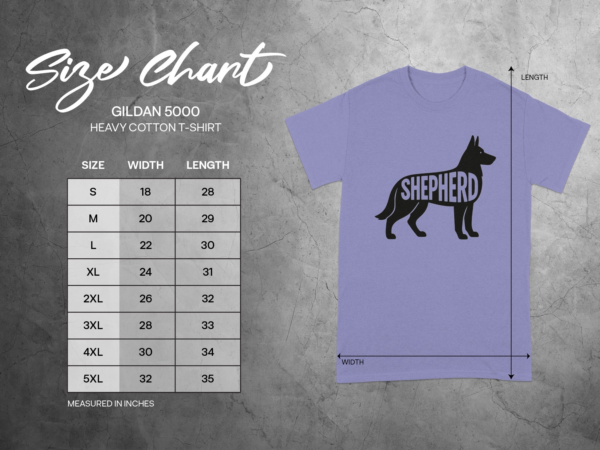 Gildan 5000 Heavy Cotton T-Shirt size chart with dimensions in inches.