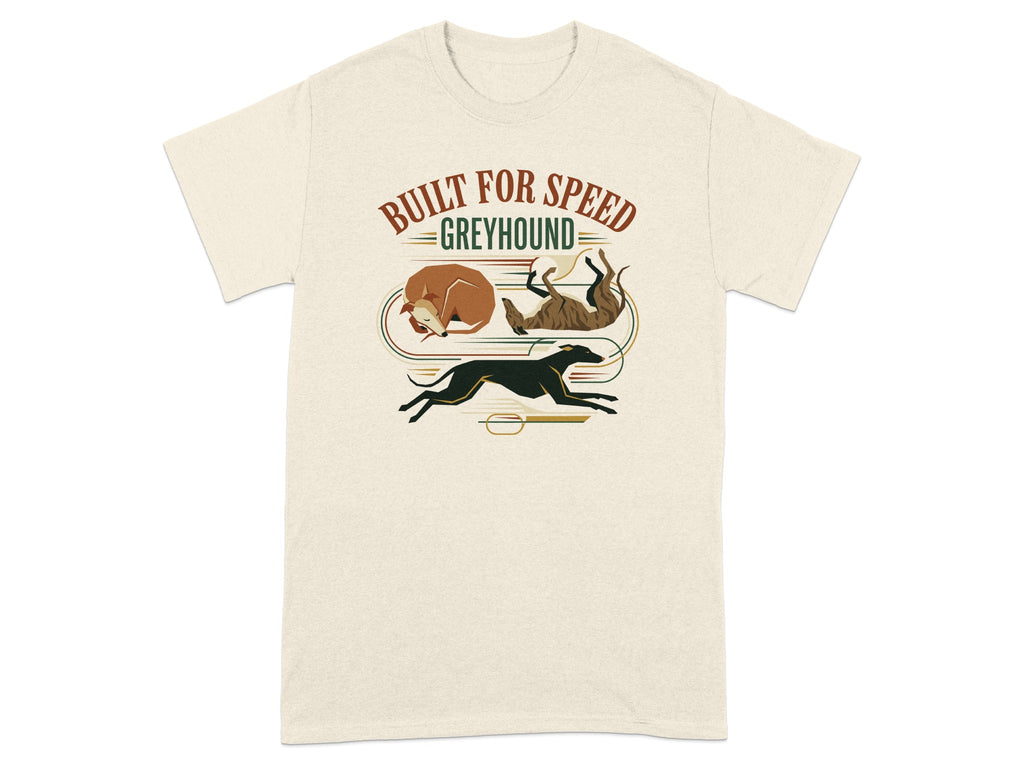 Cream t-shirt with two greyhounds and "BUILT FOR SPEED GREYHOUND" text.