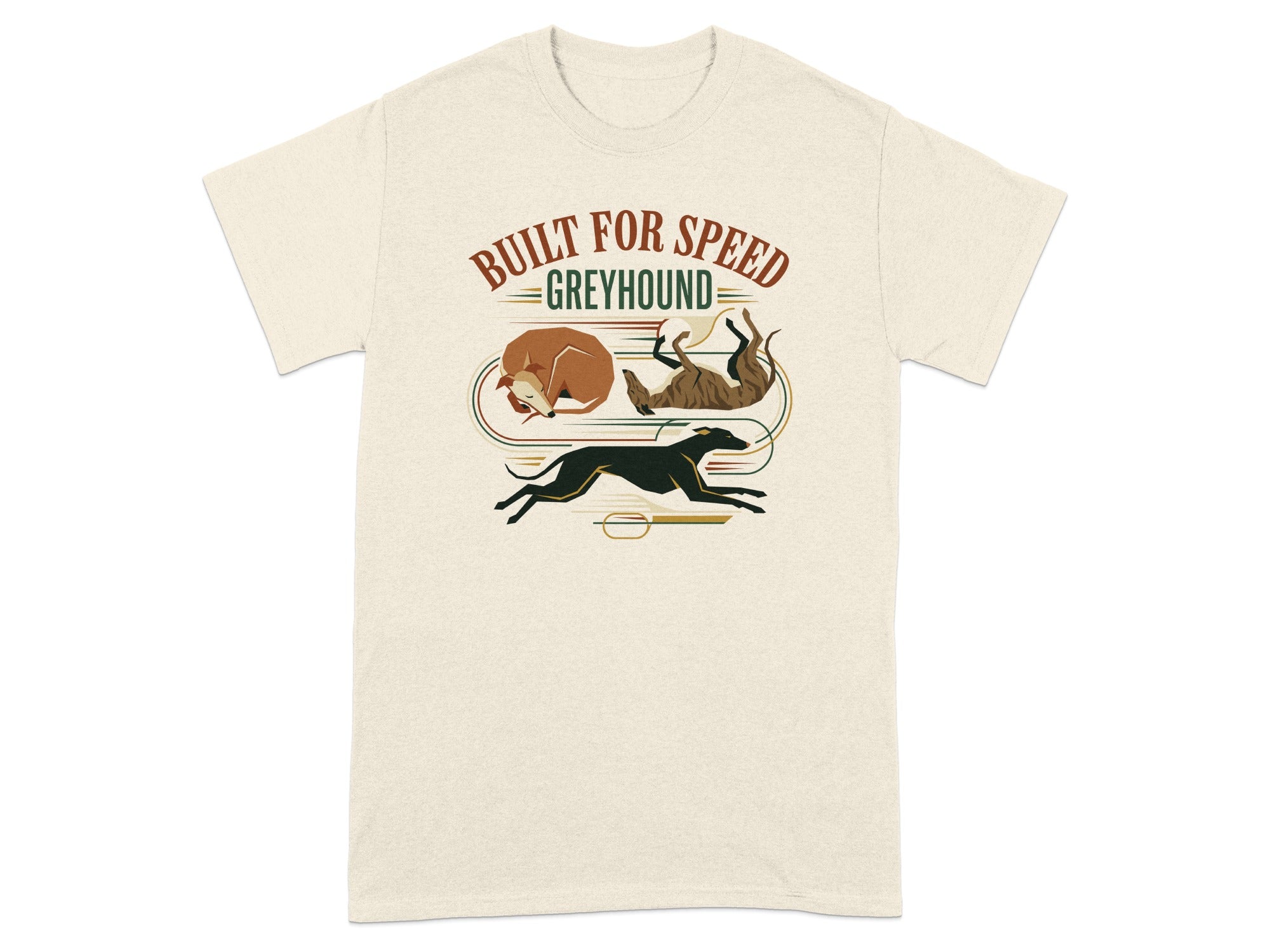 Cream t-shirt with two greyhounds and "BUILT FOR SPEED GREYHOUND" text.