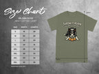 Gildan 5000 size chart with t-shirt featuring a dog playing with two tennis balls.