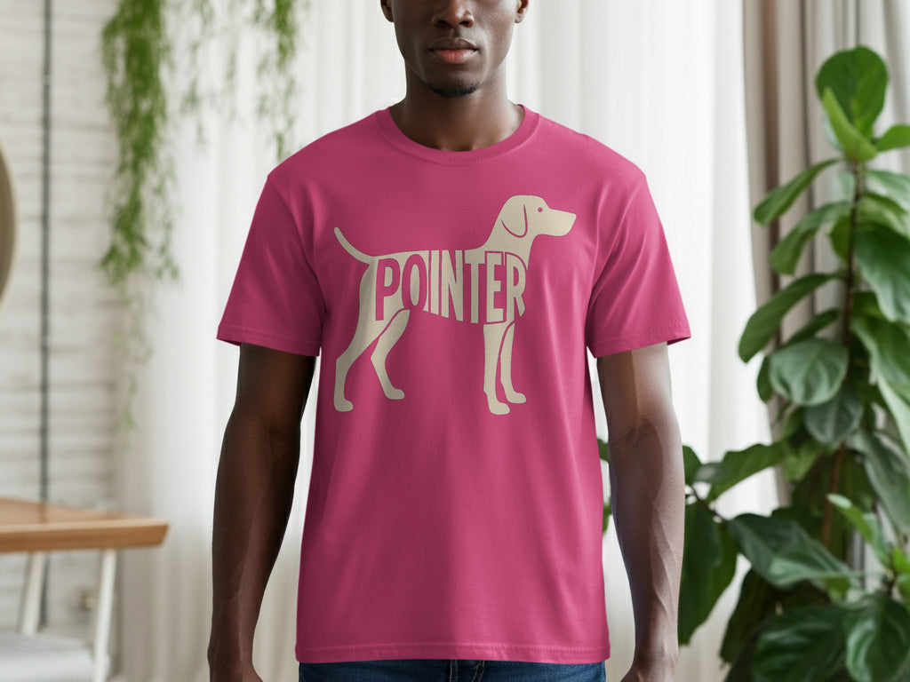 Pink t-shirt with a tan outline dog graphic containing the word "POINTER".