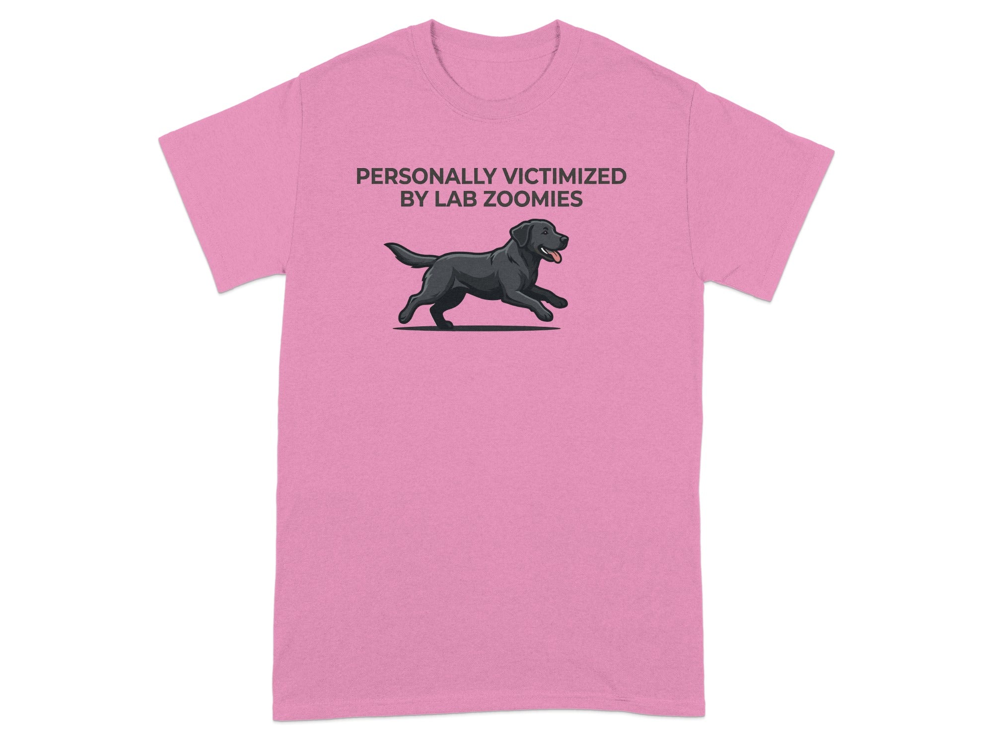 Pink t-shirt with "Personally Victimized by Lab Zoomies" and a black Labrador.
