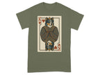 Green t-shirt with a King of Hearts playing card featuring a dog wearing a crown.