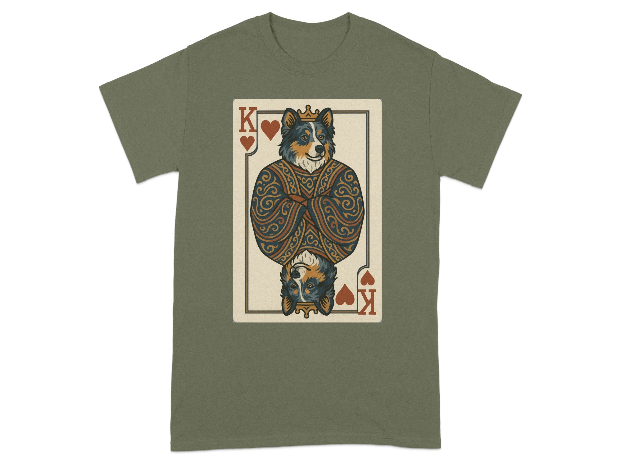 Green t-shirt with a King of Hearts playing card featuring a dog wearing a crown.
