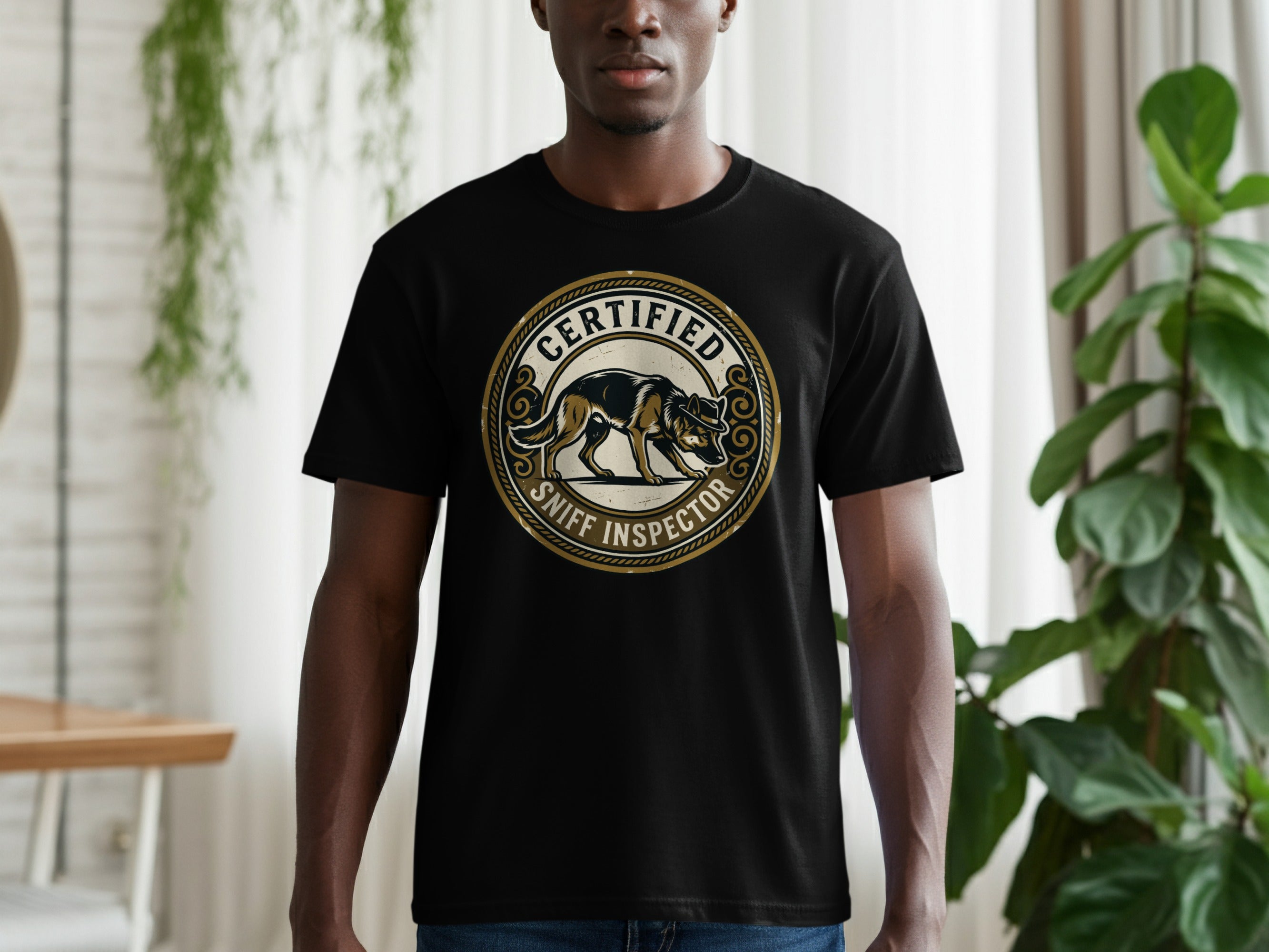 Black t-shirt with "Certified Sniff Inspector" text and wolf logo.