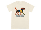Cream t-shirt with abstract dog art and text "feral little creature, perfectly formed".