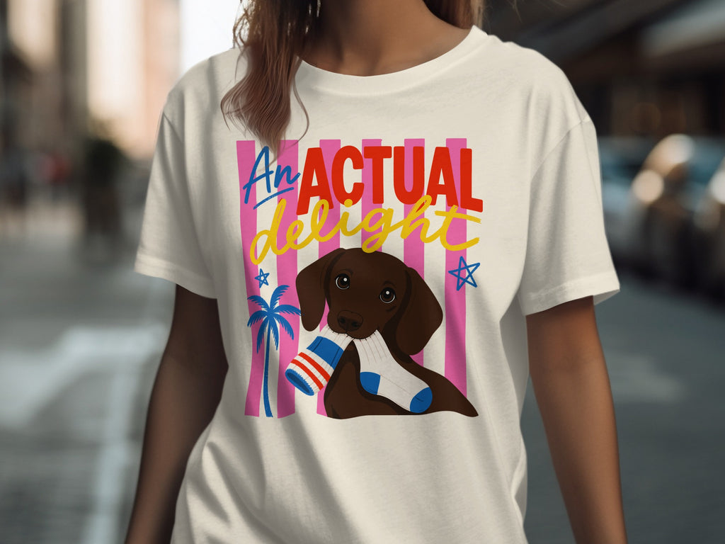 Brown dog wearing striped sock, standing in front of colorful graphic.