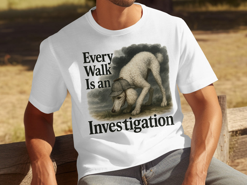 White t-shirt with a poodle in a deerstalker hat and text "Every Walk Is an Investigation."