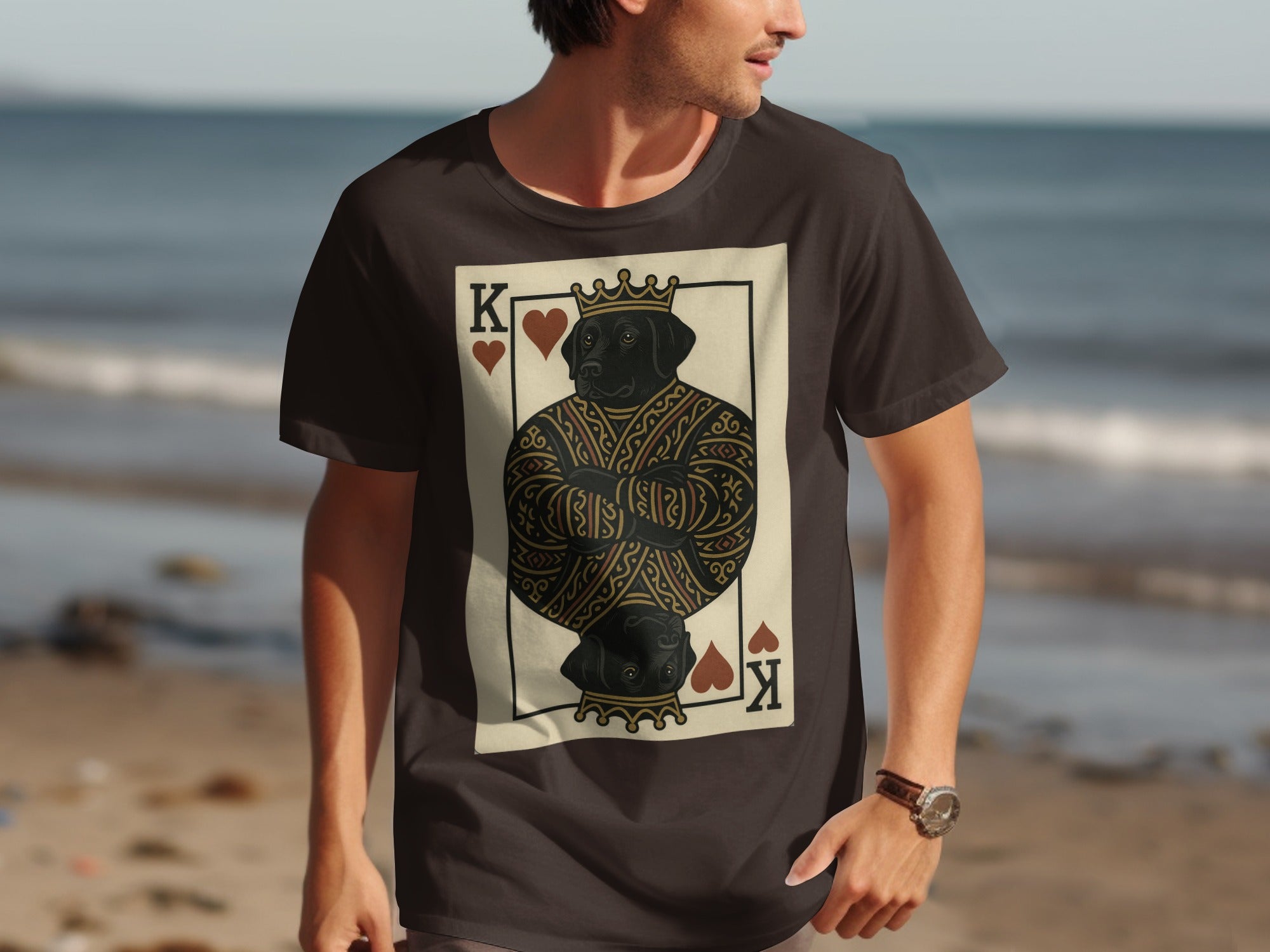 King of Hearts playing card with a black dog on a dark t-shirt.