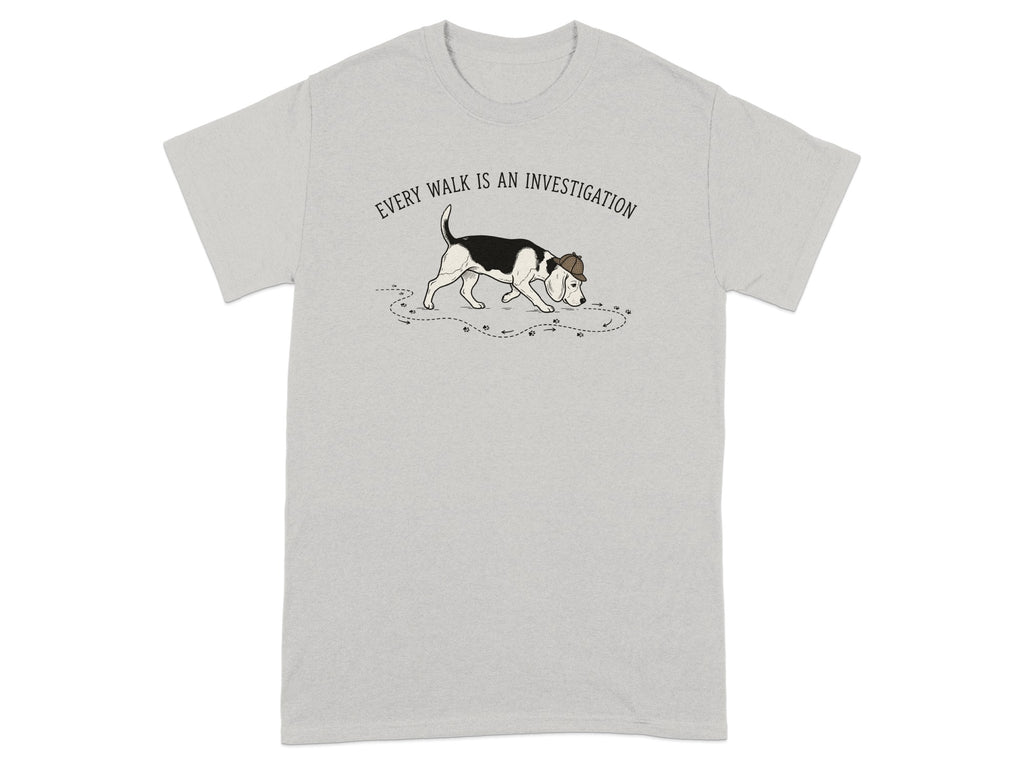 Beagle wearing a detective hat, leaving paw prints.